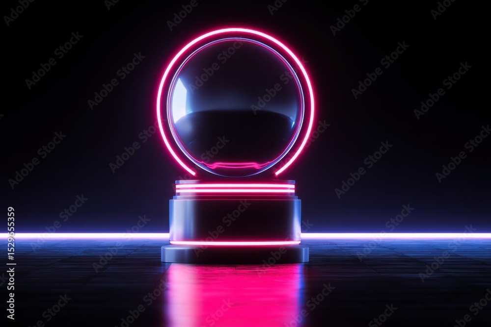 Poster glowing neon circle frame with glass sphere on pedestal, symbolizing innovation and futuristic techn