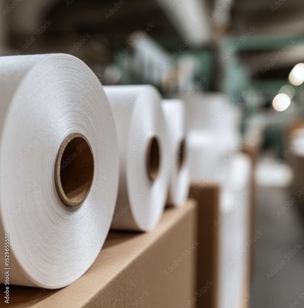 Poster rolls of white fabric on cardboard in a factory, showcasing manufacturing and supply chain efficienc