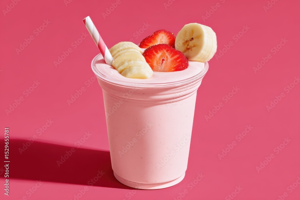 Poster strawberry banana smoothie in plastic cup with straw, representing healthy lifestyle and refreshment