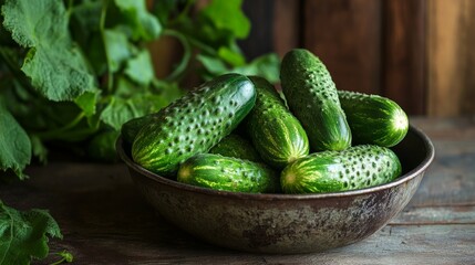 Green cucumbers, in a rustic metal bowl, natural light, wooden surface generative ai