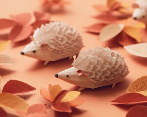Fototapeta premium Two paper hedgehogs amongst autumnal leaves.