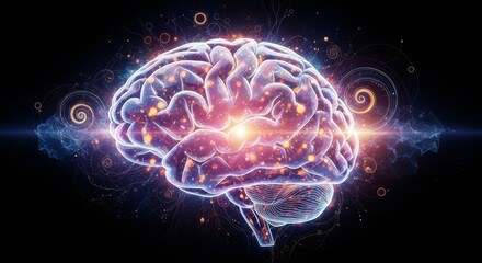 Illuminated Human Brain - A vibrant of a human brain, glowing with energy and intricate details. Represents intelligence, thought, and neural activity