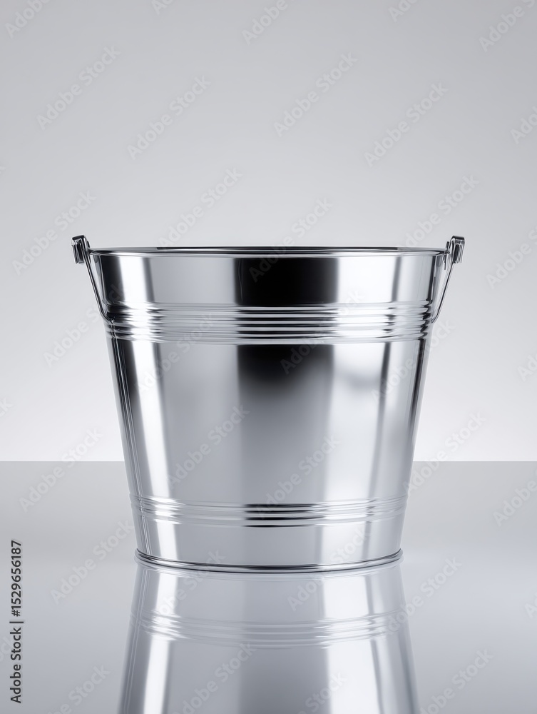 Poster shiny silver metal bucket on reflective surface, symbolizing cleanliness and industrial use for home