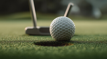A clean, high-resolution close-up of a golf ball sitting calmly on a manicured green, with a putter head approaching slowly. The camera angle is low, eye-level with the ball, 