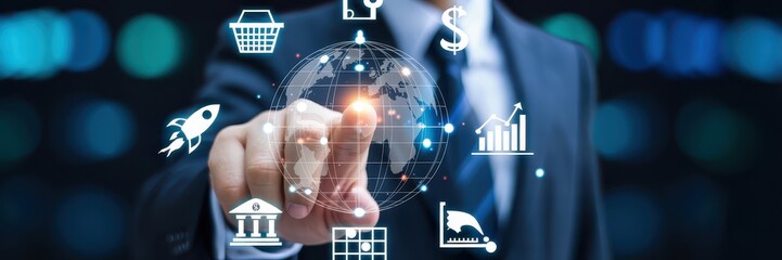 A hand interacting with a digital interface displaying global business icons.