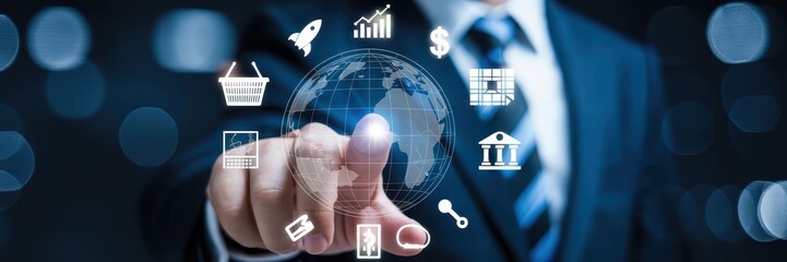 Hand touching a digital globe with various business icons.