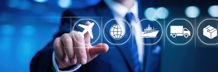 Businessman interacting with global logistics icons on a touch screen.