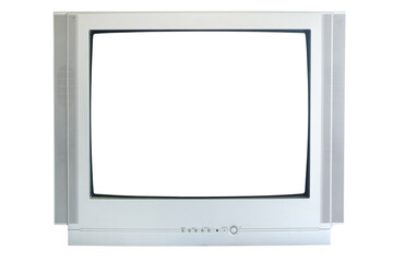 Old silver TV isolated on white background. Retro technology concept. Blank screen for text.Vintage...