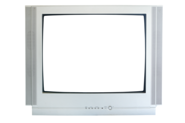 Old silver TV isolated on white background. Retro technology concept. Blank screen for text.Vintage TVs 1980s 1990s 2000s. 