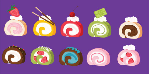 Colorful Cake Roll Collection with Strawberry Matcha Chocolate Vanilla Flavors