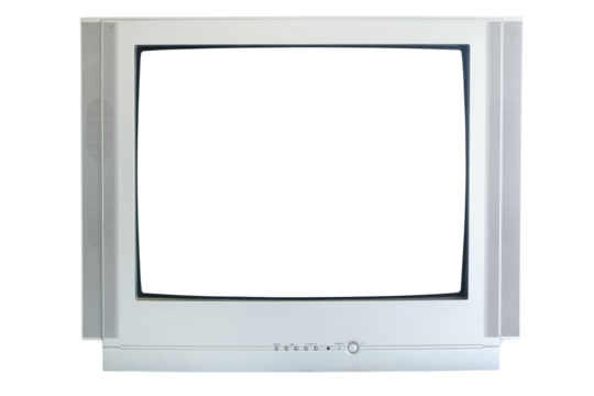 Old silver TV isolated on white background. Retro technology concept. Blank screen for text.Vintage TVs 1980s 1990s 2000s. 