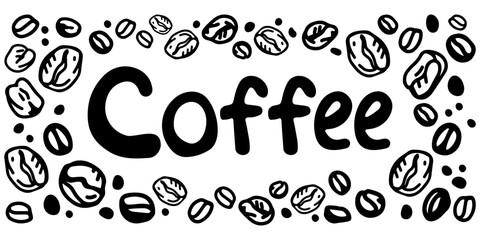 
Black and white vector banner with coffee beans and inscription on white isolated background
