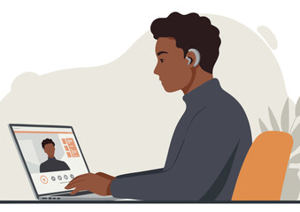 Modern illustration of a man working on a laptop with a headset in a minimalistic home office setting
