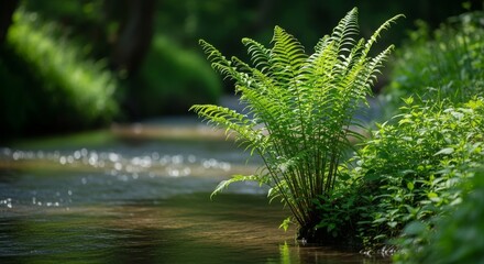 Obraz premium Lush Fern by Tranquil Stream - Vibrant green fern growing by a calm stream in a lush forest setting. Peaceful nature scene