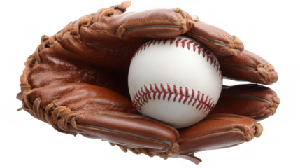 Worn leather baseball glove holding a new white baseball with red stitching isolated on a transparent background, perfect for sports themed projects
