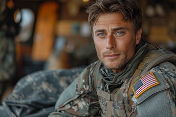 Fototapeta premium A solemn portrait of a veteran soldier in a military environment, highlighting courage, resilience, and service, with a focus on the human spirit and the story behind the uniform.