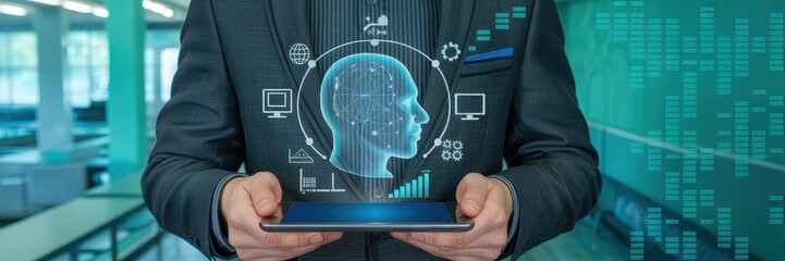 Businessperson holds tablet displaying a digital representation of a human head with connected symbols.
