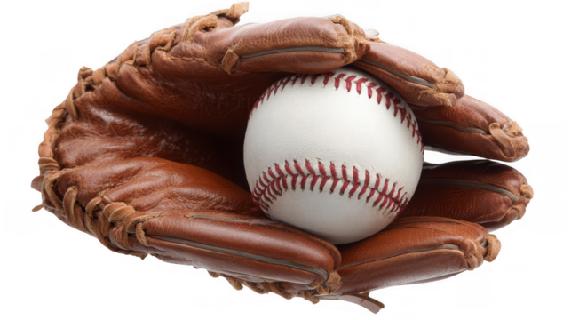 Worn leather baseball glove holding a new white baseball with red stitching isolated on a transparent background, perfect for sports themed projects