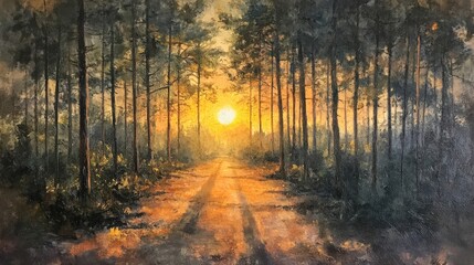 Obraz premium Sunset Path Through a Forest of Tall Trees