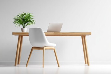 Light wooden desk with white chair and laptop.