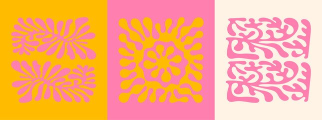 Hand drawn floral posters in groovy naive hippie style – vector illustrations with flowers, templates for modern design and decor