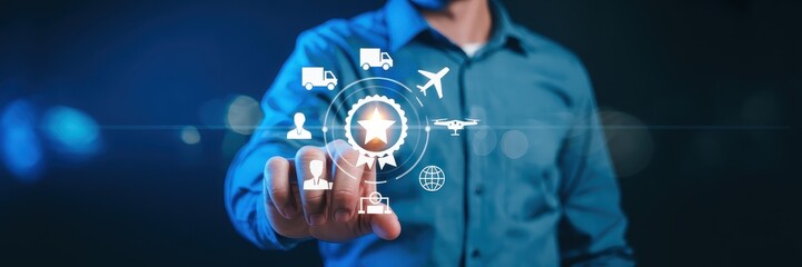 A person interacts with a digital interface showcasing global logistics solutions.