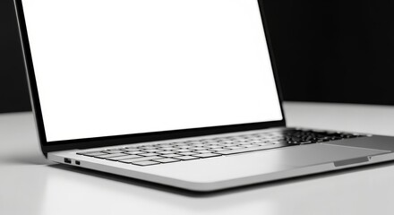 Fototapeta premium Modern Laptop Mockup on Desk - Sleek silver laptop with blank white screen on a white desk. Perfect for technology, website, or app presentations