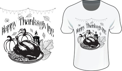 Happy Thanksgiving T-Shirt Design with Roasted Turkey and Pumpkins