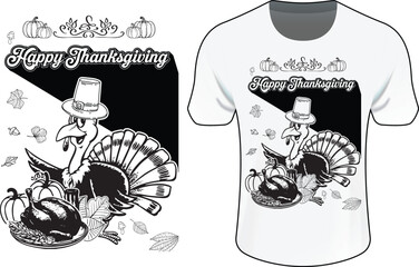 Happy Thanksgiving T-Shirt Design with Pilgrim Turkey and Pumpkins