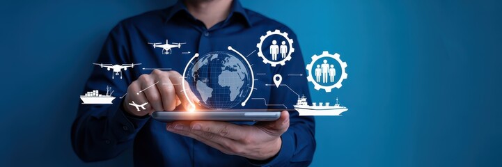 A man interacts with a digital interface displaying global logistics network.