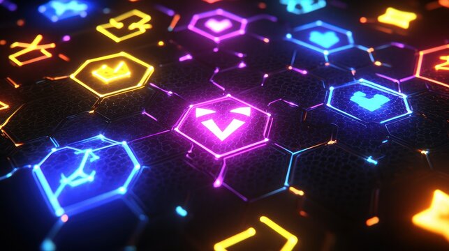 Abstract glowing hexagonal icons on dark surface