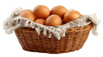 Wicker basket overflowing with fresh brown eggs is covered with a rustic cloth on a transparent background, perfect for food and agriculture projects