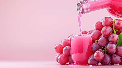 Fresh Pink Grape Juice Being Poured from a Bottle with Grapes on a Pink Background