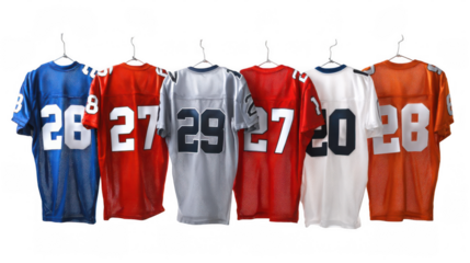 Studio shot featuring a row of colorful football jerseys hanging on hangers against a transparent background, showcasing the back of the jerseys with various numbers