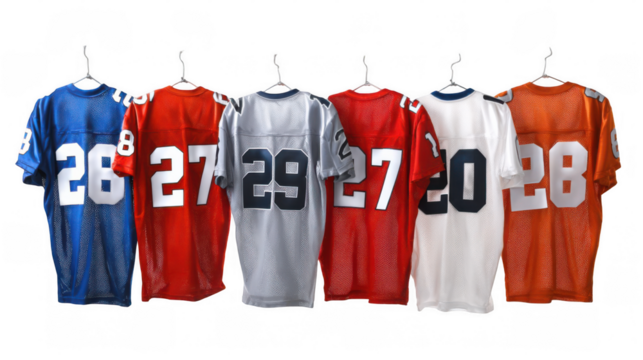 Studio shot featuring a row of colorful football jerseys hanging on hangers against a transparent background, showcasing the back of the jerseys with various numbers