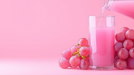 Refreshing Pink Grape Juice in a Glass Surrounded by Fresh Grapes on Pink Background