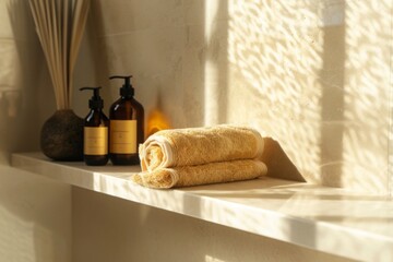Minimalist bathroom shelf with amber glass bottles