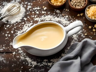 Béchamel sauce in a saucer on a table