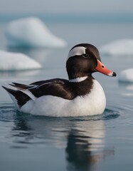 Duck swimming gracefully in calm waters, surrounded by floating icebergs, showcasing vibrant plumage and serene natural habitat, reflecting tranquility and wildlife beauty