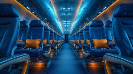 A beautifully designed airplane cabin showcases sleek blue lighting and spacious seating, creating a comfortable and modern travel experience for passengers.
