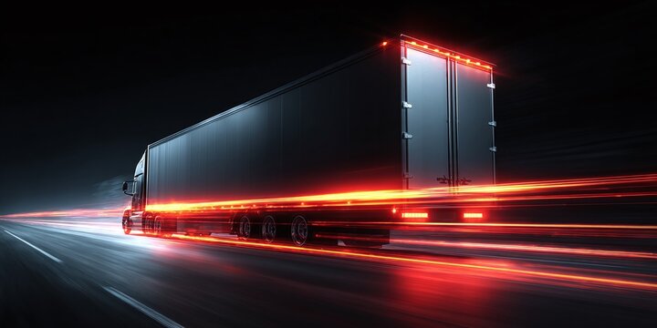 Fototapeta Speeding freight transport: A modern truck at full speed creates bright light streaks across the dark highway at night, symbolizing dynamism and efficiency.