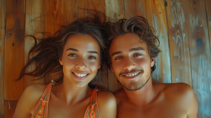 A young couple lies side by side on a wooden floor, radiating love and happiness, showcasing their close bond and warmth in a bright and cozy atmosphere.