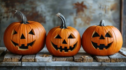 Fototapeta premium Three festive jack-o'-lanterns, each carved with unique expressions, sit charmingly on a rustic wooden surface, capturing the fun and spirit of Halloween celebrations.