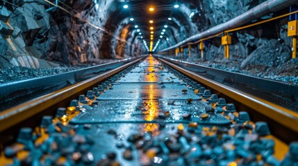 Illuminated railway tracks stretch through a tunnel, highlighting themes of journey, exploration, and the contrast between light and darkness in an industrial setting.