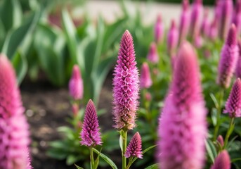 Obraz premium Pink Flower Spikes in Garden Bloom - Close-up of vibrant pink flower spikes, densely packed, blooming in a garden setting