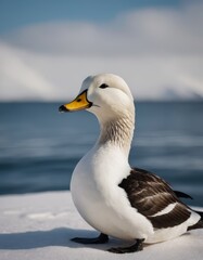 Beautiful duck with striking yellow bill and elegant plumage stands on snow-covered ground near tranquil water, showcasing its natural habitat and vibrant colors