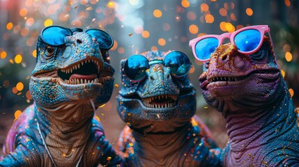 Three stylized dinosaurs wearing sunglasses pose together with a dreamy, sparkly background, capturing a playful and imaginative atmosphere in a vibrant setting.