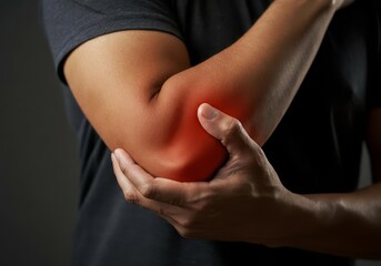 Person touching their elbow in pan, tension and discomfort in muscles, massage