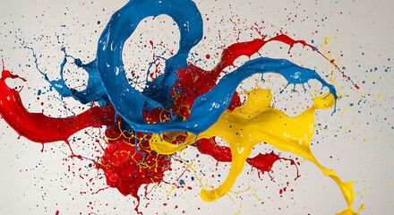 Energetic Red, Blue & Yellow Paint Splashes: Dynamic Liquid Art & Creative Motion on White Background