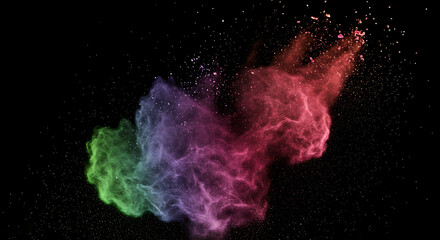 Dynamic Multi-Colored Pigment Powder Explosion: Green, Purple & Red Abstract Art on Black Background